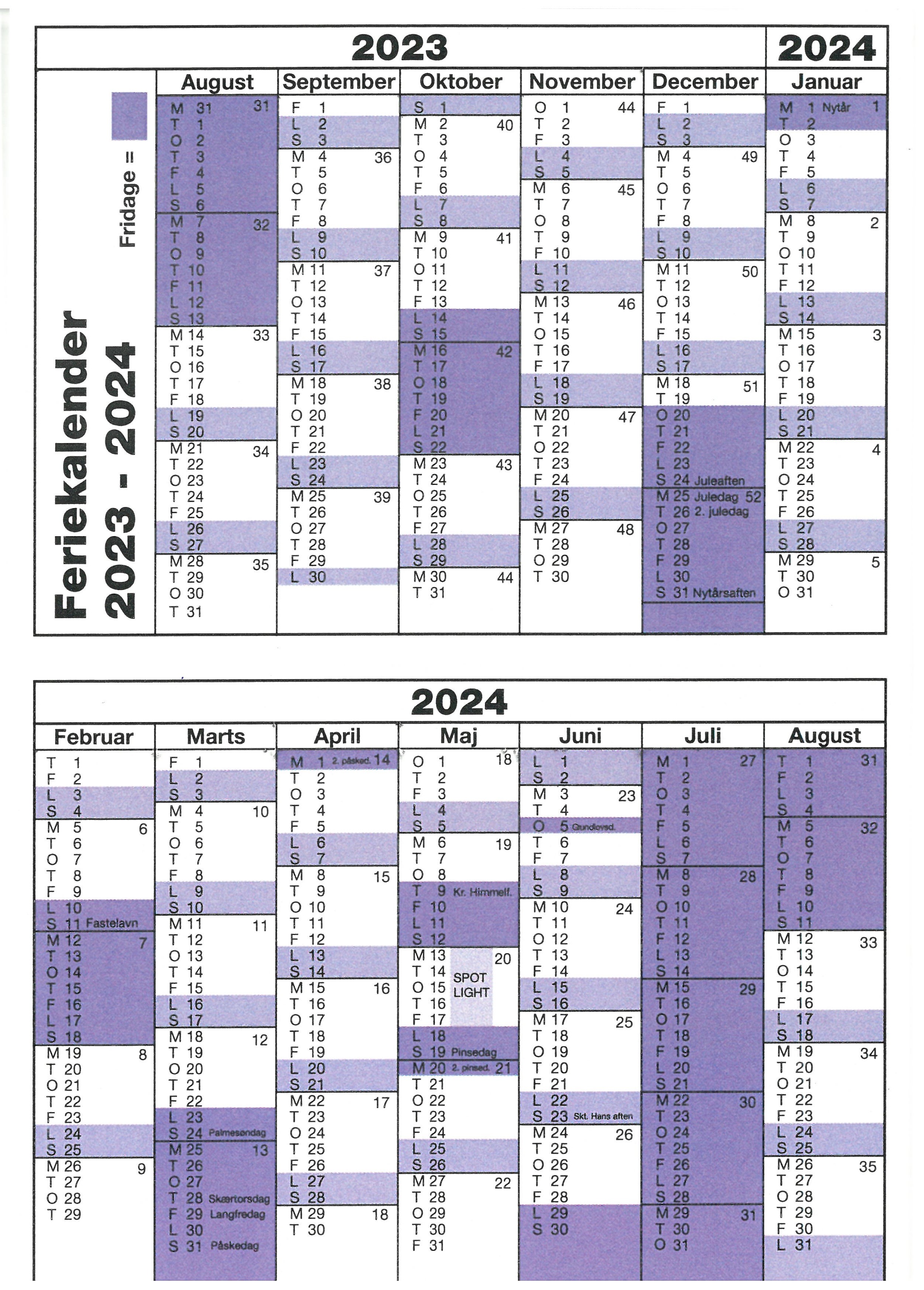 Billede af feriekalender for skoleåret 2023-2024
