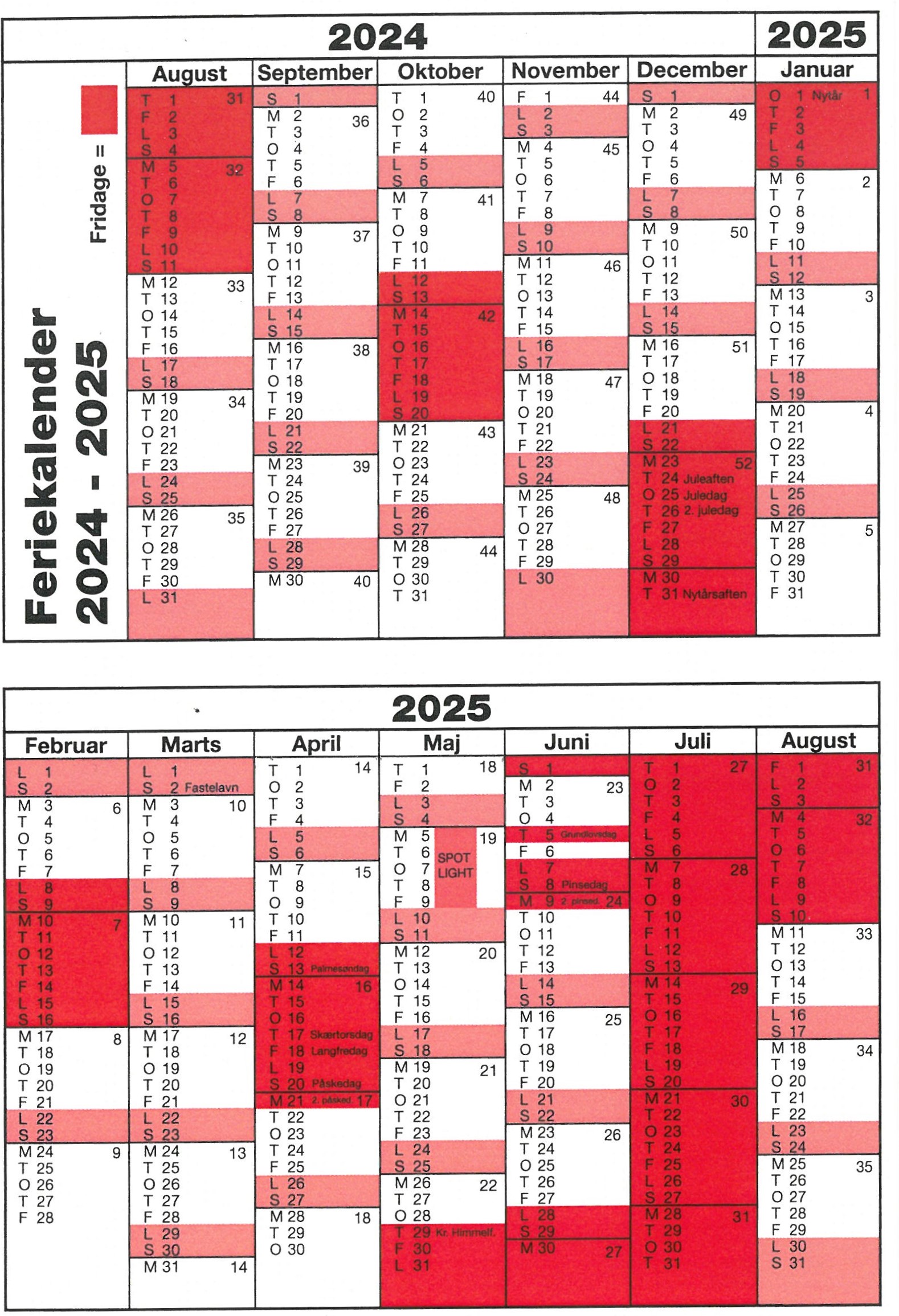 Billede af en feriekalender for skoleåret 2024-2025