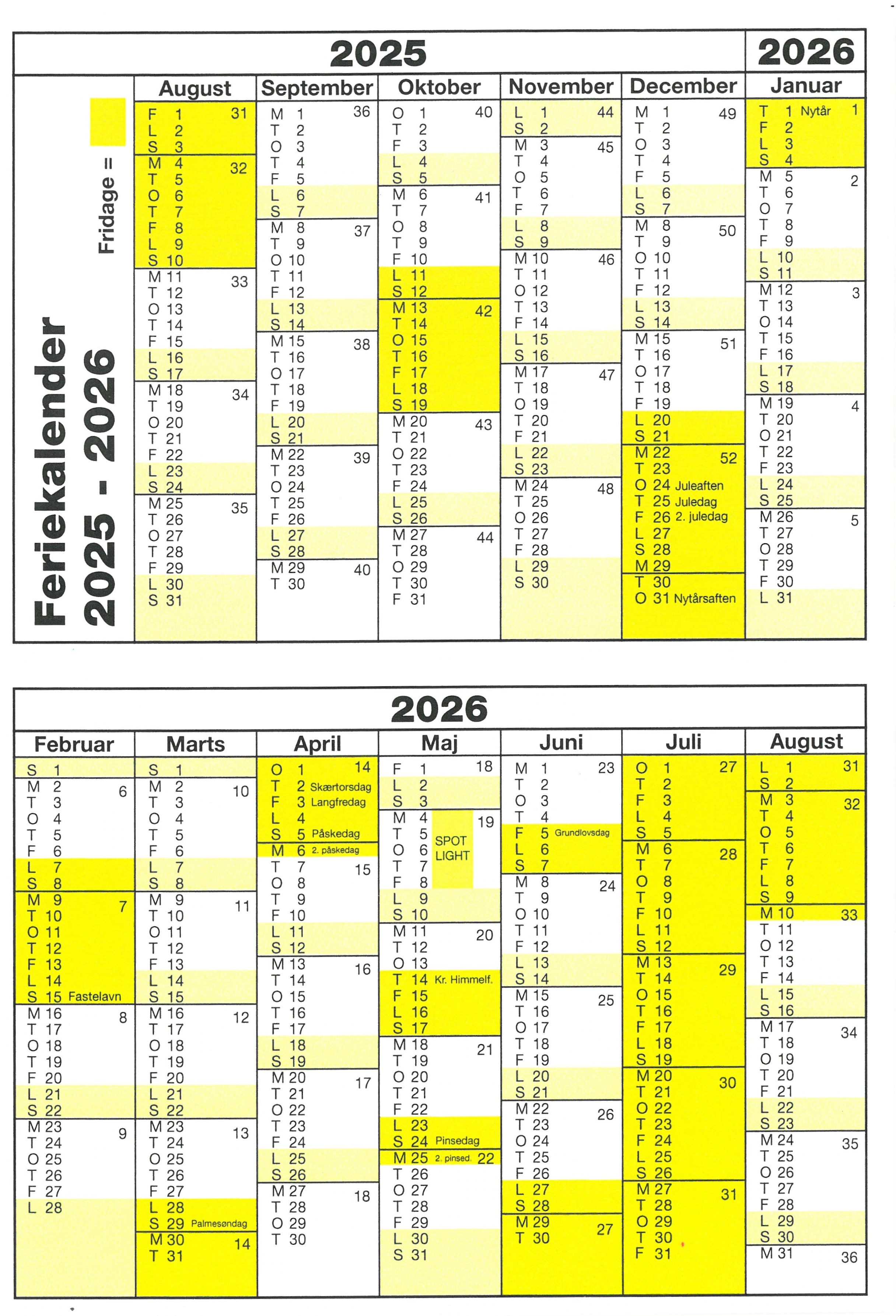 Billede af en feriekalender for skoleåret 2025-2026