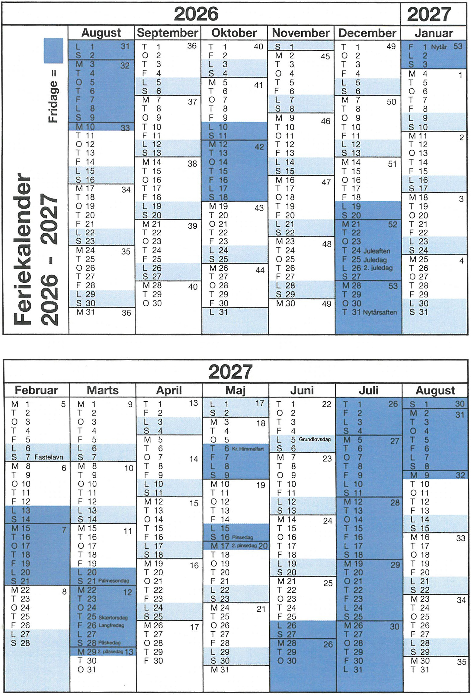 Billede af feriekalender for skoleåret 2026-2027