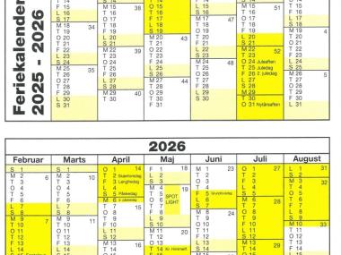 Billede af en feriekalender for skoleåret 2025-2026